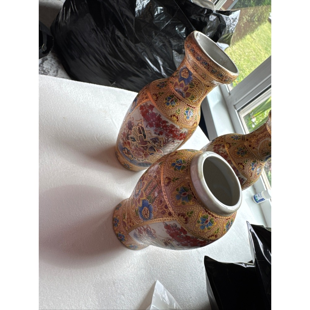 Elegant Floral Chinese Earthwear Ceramic Vases. Hand Painted.